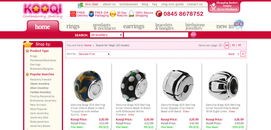 Kooqi Jewellery product listing page